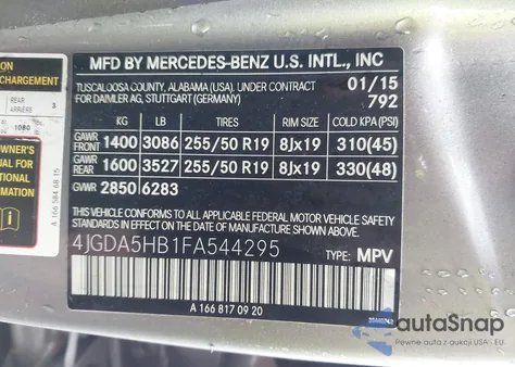 2015 Mercedes-Benz Ml 350 4Matic из США, поврежденный, VIN 4JGDA5HB1FA544295